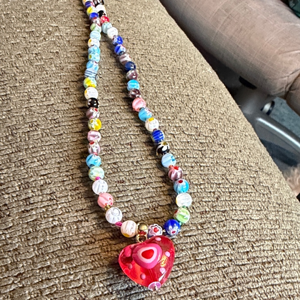 Colorful Beaded Necklace with Red Heart Pendant